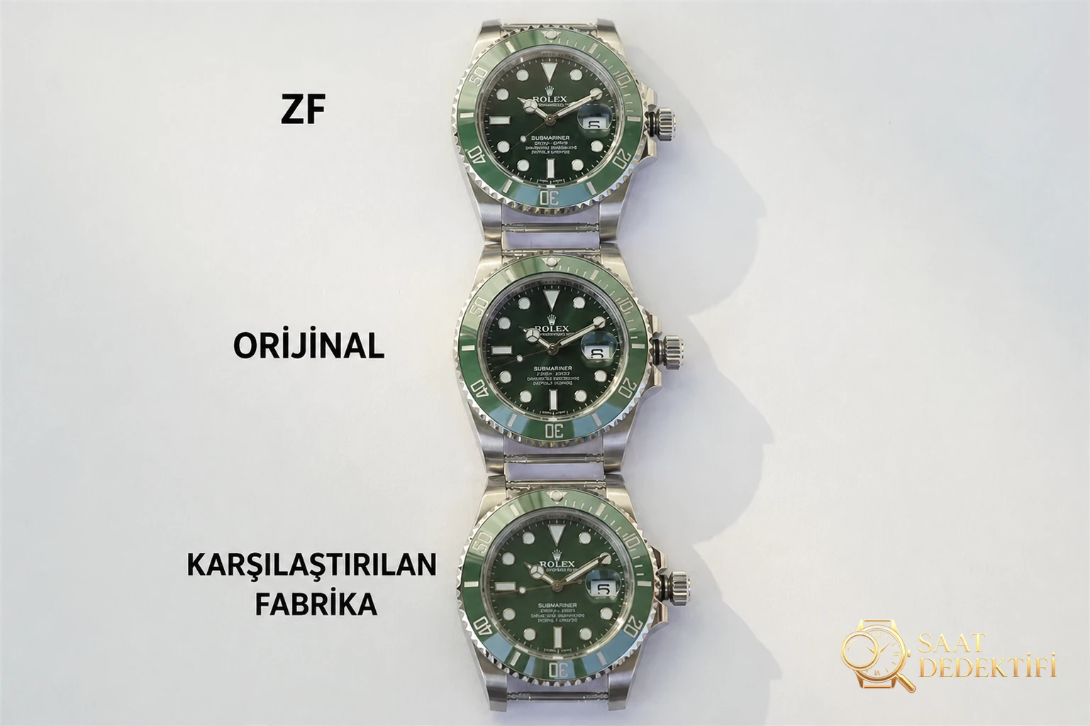 ZF Factory Rolex Yeşil Su Hayaletinin orijinal ve piyasadaki versiyonlarla karşılaştırması - Arka Kapak ve Mekanizma Detayı