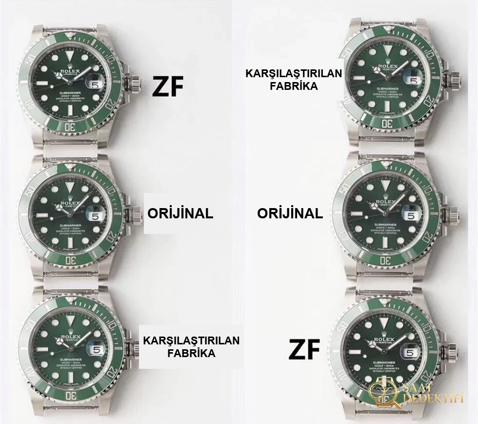 ZF Factory Rolex Yeşil Su Hayaletinin orijinal ve piyasadaki versiyonlarla karşılaştırması - Makro Kadran ve İndeks İşçiliği