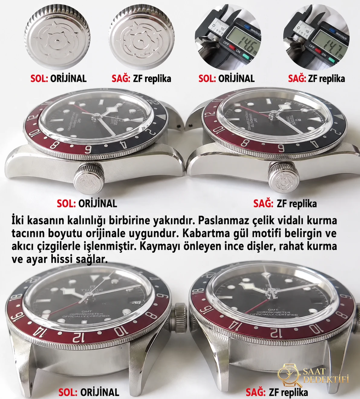 ZF Factory Tudor Black Bay M79830RB-0001 GMT Kırmızı-Mavi Bezelli Replika Saat Gerçek-Replika Karşılaştırması İncelemesi - Makro Kadran ve İndeks İşçiliği
