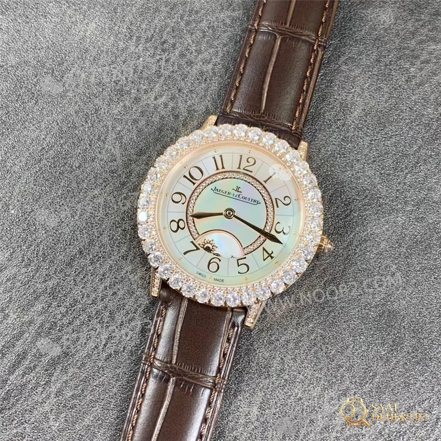 ZF Jaeger-LeCoultre Rendez-Vous Q3523570 Bezeli Elmas Taşlı Saat, Altın Kasa Kahverengi Kayış - Kadran Detayı ve Bezel İşçiliği