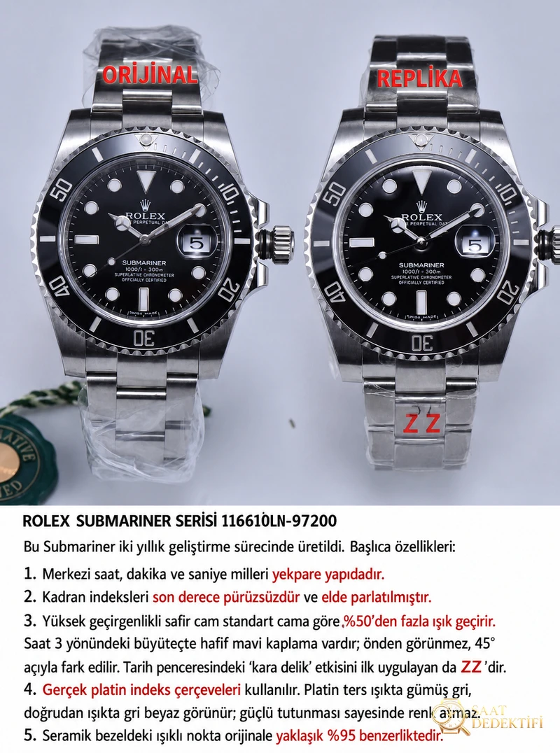 ZZ Factory Black Bay Rolex Submariner 116610 replika saatin orijinalle karşılaştırmalı incelemesi - Kadran Detayı ve Bezel İşçiliği