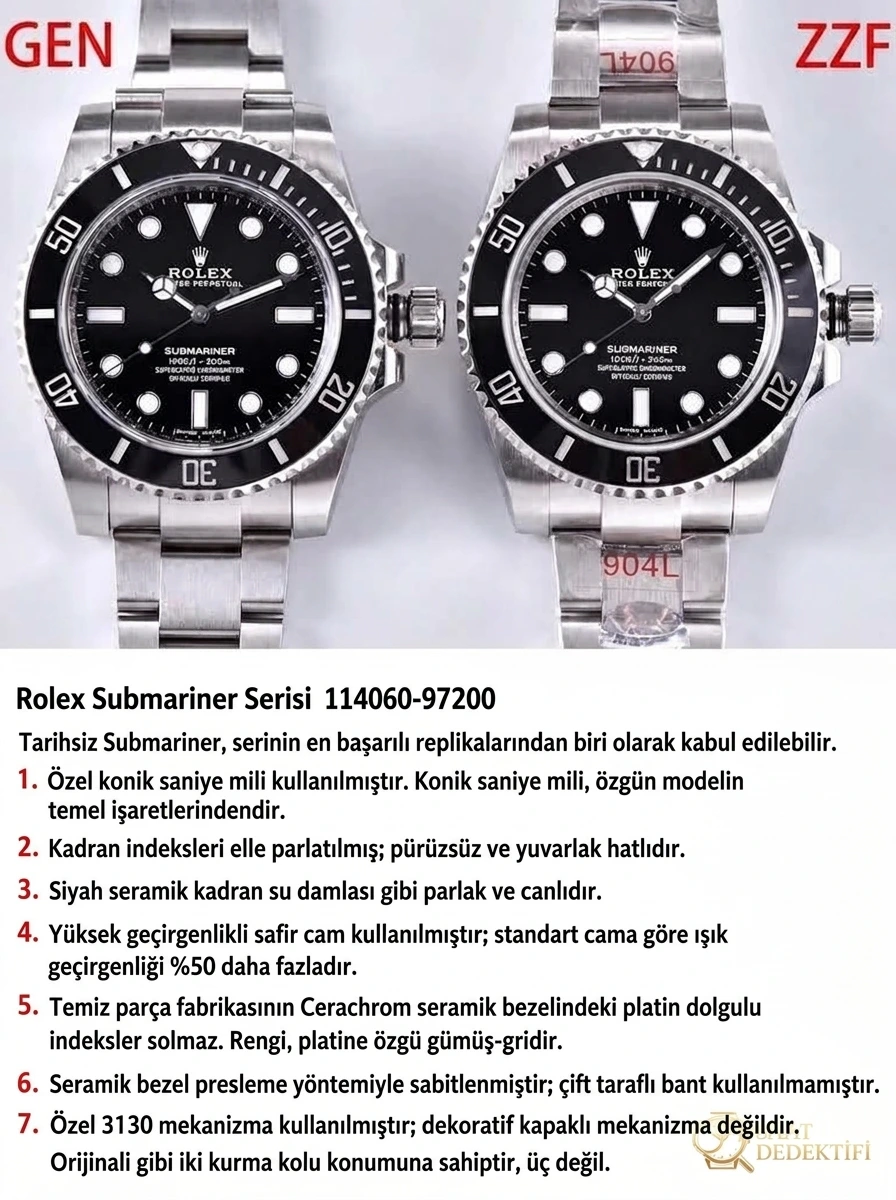 ZZF Factory Rolex Tarihsiz Siyah Submariner 3130 Mekanizmalı 114060-97200 Replika ile Orijinal Karşılaştırmalı İnceleme - Kadran Detayı ve Bezel İşçiliği